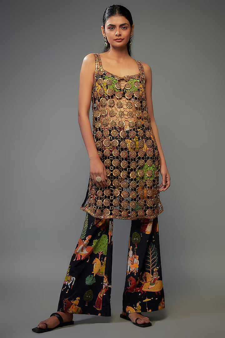 Black Mesh Hand Embroidered Kurta Set
