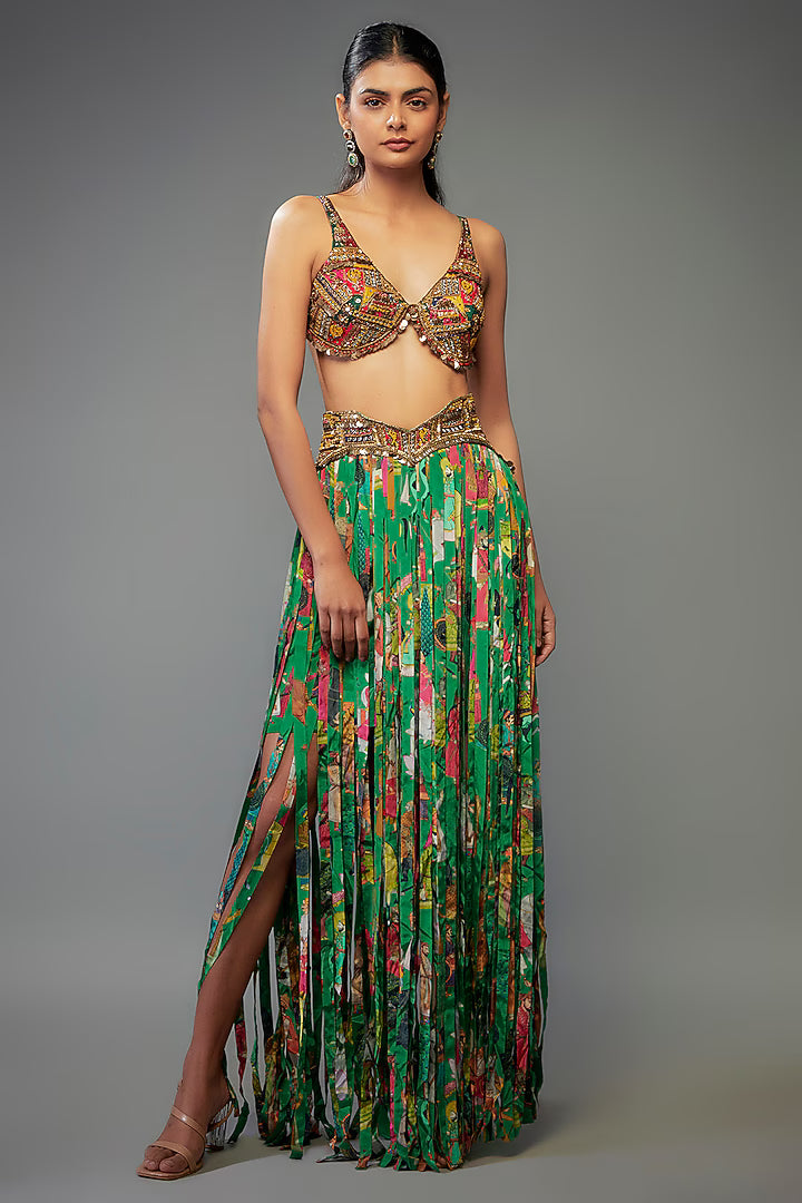 Green Crepe Hand Embroidered Fringed Lehenga Set