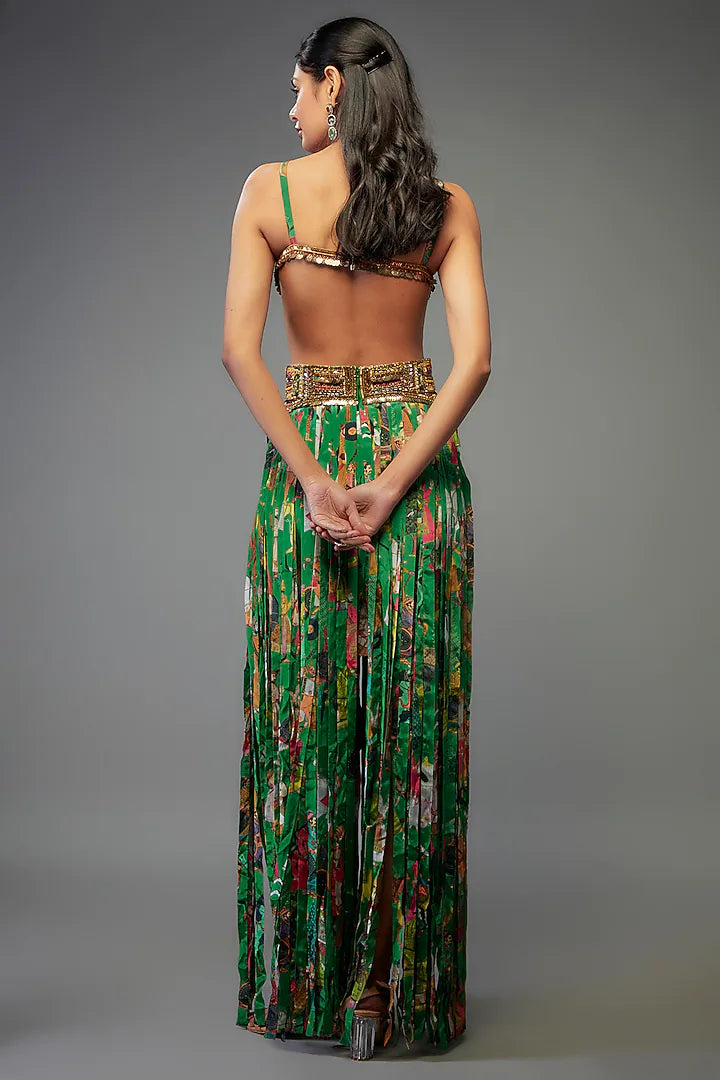 Green Crepe Hand Embroidered Fringed Lehenga Set