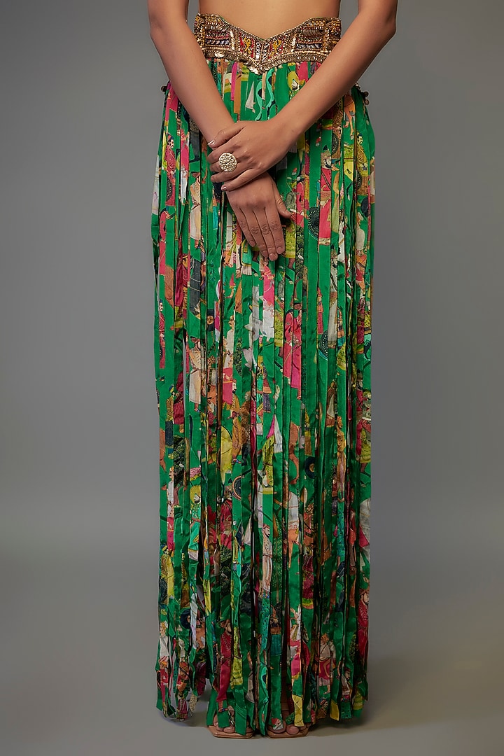 Green Crepe Hand Embroidered Fringed Lehenga Set