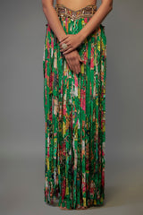 Green Crepe Hand Embroidered Fringed Lehenga Set