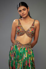 Green Crepe Hand Embroidered Fringed Lehenga Set