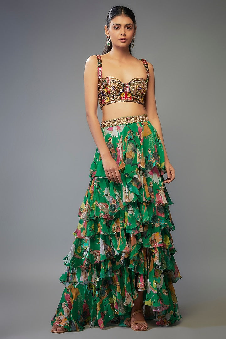 Green Georgette Hand Embroidered Ruffled Lehenga Set