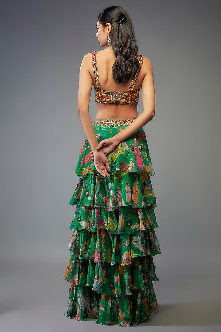 Green Georgette Hand Embroidered Ruffled Lehenga Set
