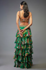 Green Georgette Hand Embroidered Ruffled Lehenga Set