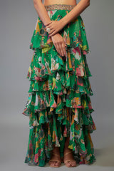 Green Georgette Hand Embroidered Ruffled Lehenga Set