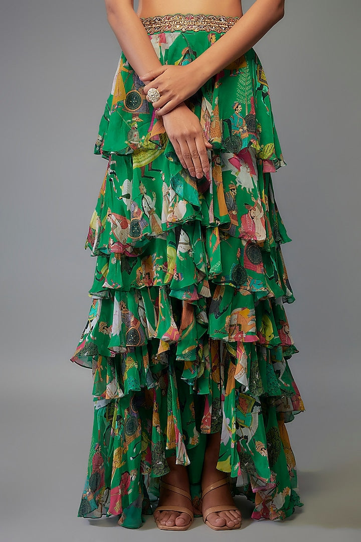 Green Georgette Hand Embroidered Ruffled Lehenga Set
