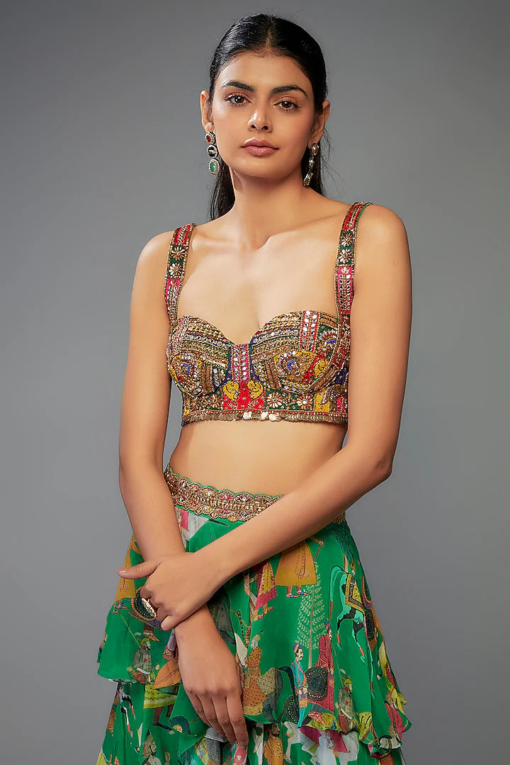 Green Georgette Hand Embroidered Ruffled Lehenga Set
