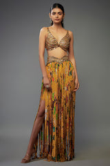 Yellow Crepe Hand Embroidered Fringed Lehenga Set