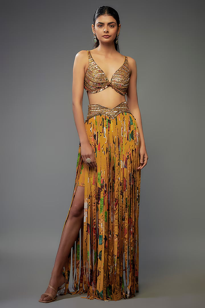 Yellow Crepe Hand Embroidered Fringed Lehenga Set