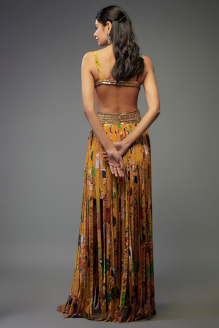 Yellow Crepe Hand Embroidered Fringed Lehenga Set