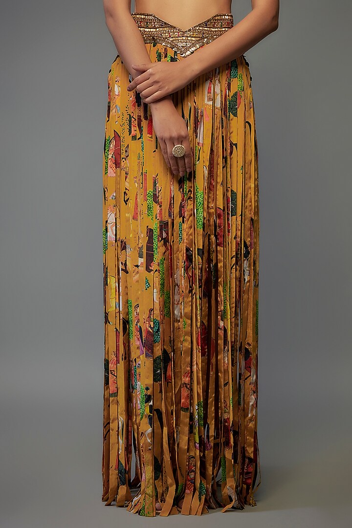 Yellow Crepe Hand Embroidered Fringed Lehenga Set