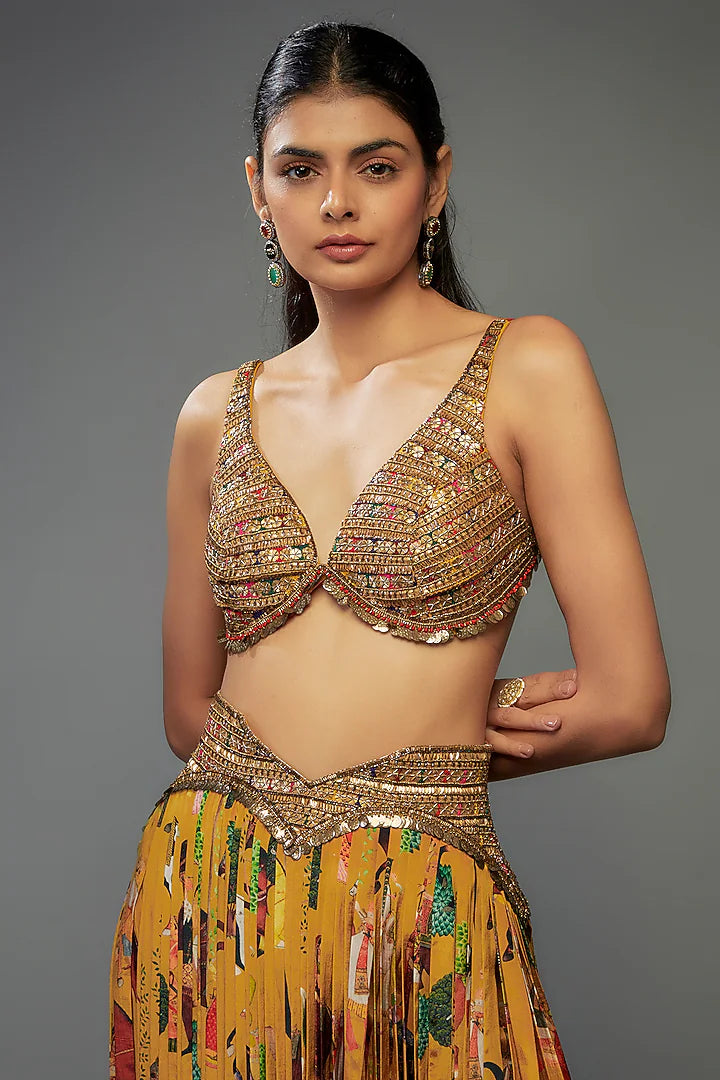 Yellow Crepe Hand Embroidered Fringed Lehenga Set