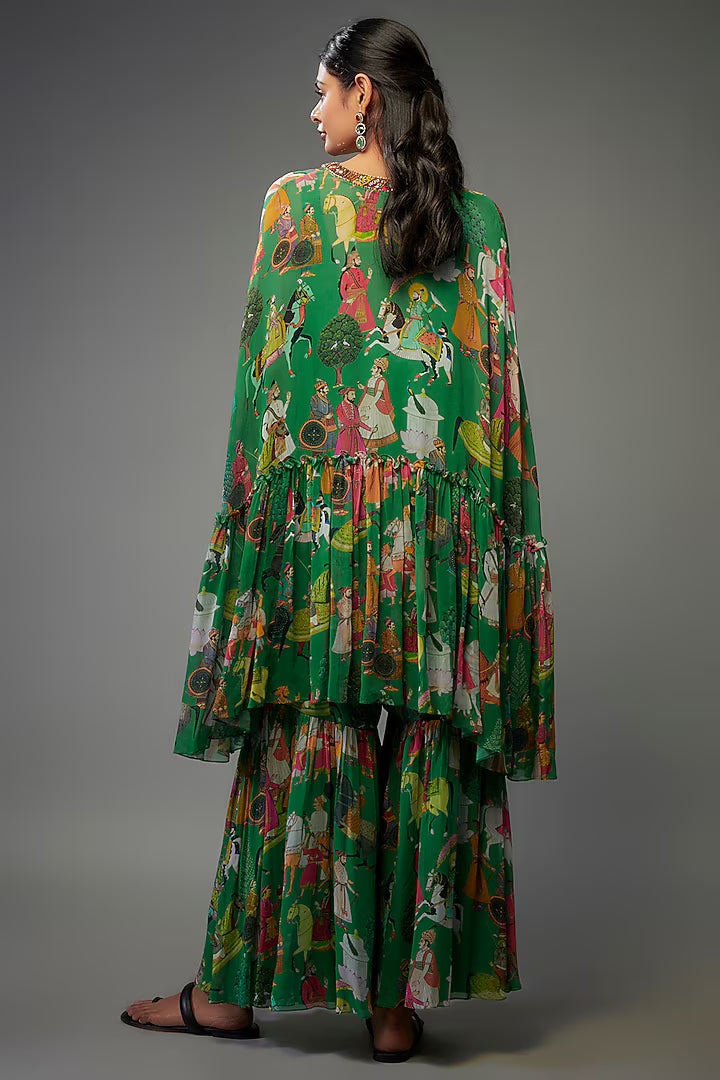 Green Georgette Mugal Printed Sharara Set