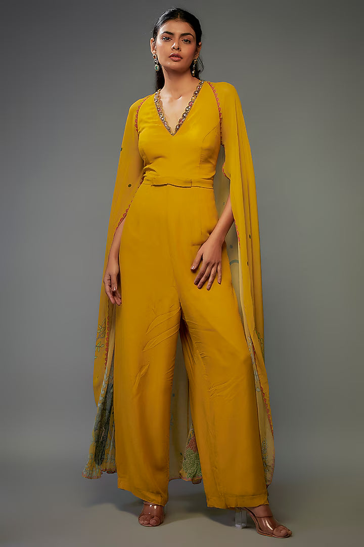 Mango Yellow Georgette Hand Embroidered Jumpsuit
