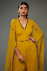 Mango Yellow Georgette Hand Embroidered Jumpsuit