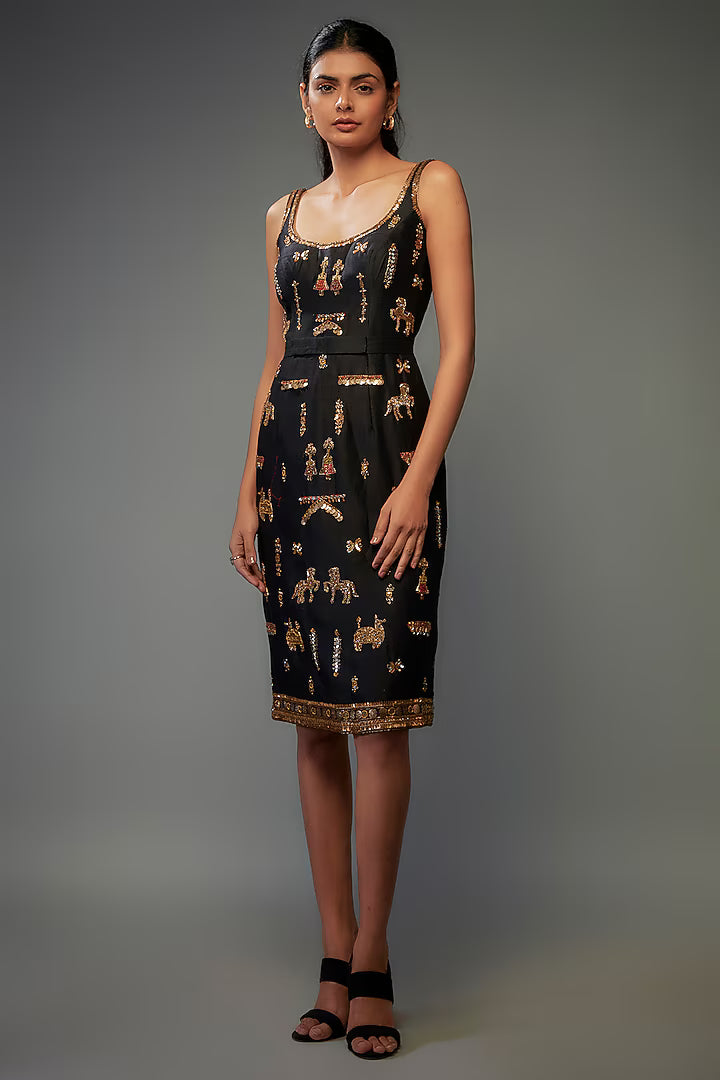 Black Chanderi Hand Embroidered Bodycon Dress