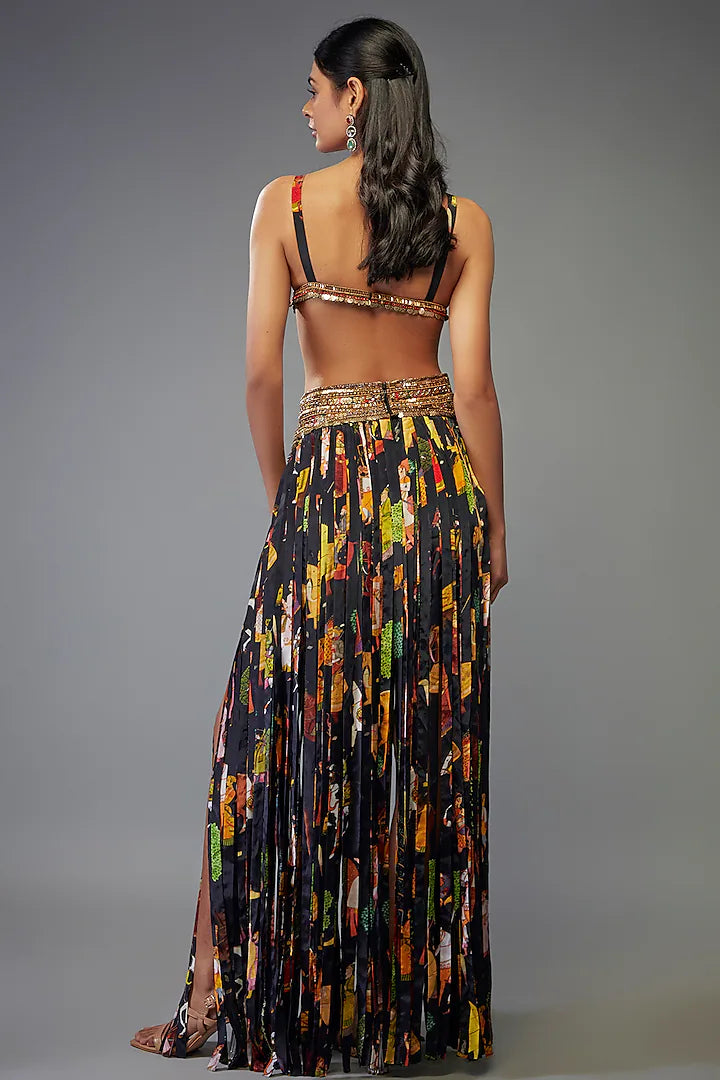 Black Crepe Hand Embroidered Fringed Lehenga Set
