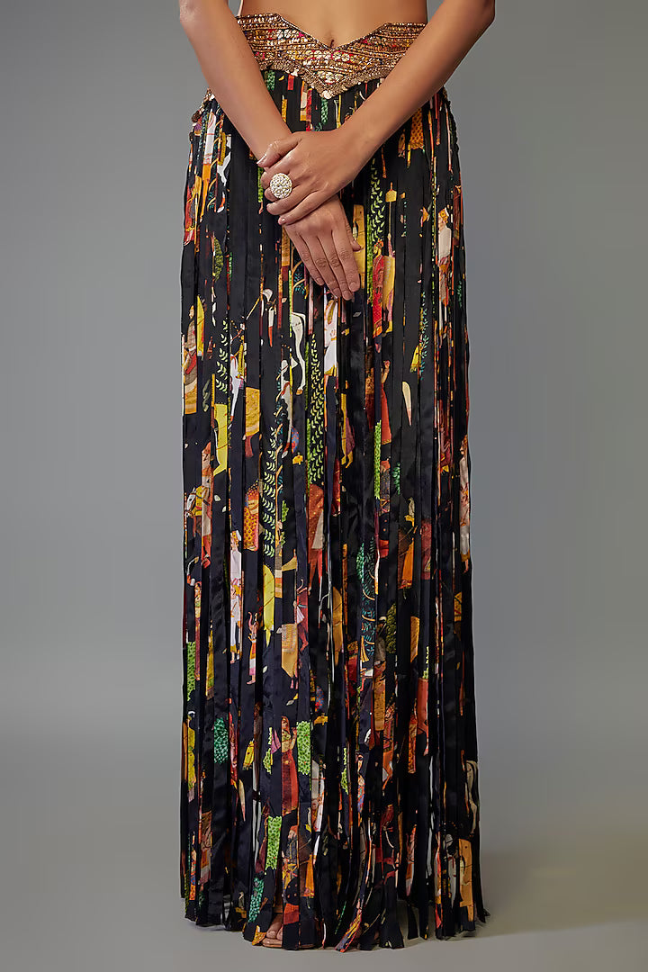 Black Crepe Hand Embroidered Fringed Lehenga Set