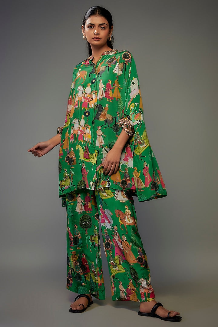 Green Crepe Hand Embroidered Kaftan Set