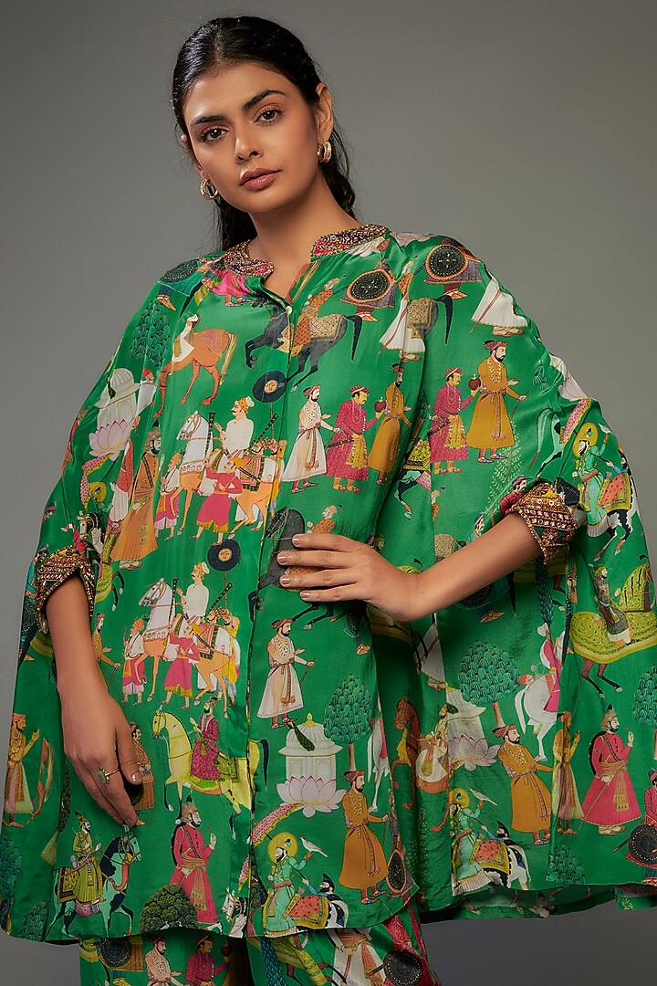 Green Crepe Hand Embroidered Kaftan Set