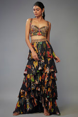 Black Georgette Hand Embroidered Ruffled Lehenga Set