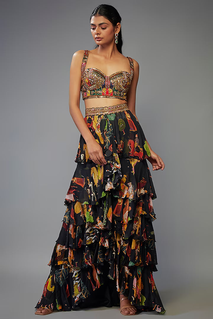 Black Georgette Hand Embroidered Ruffled Lehenga Set