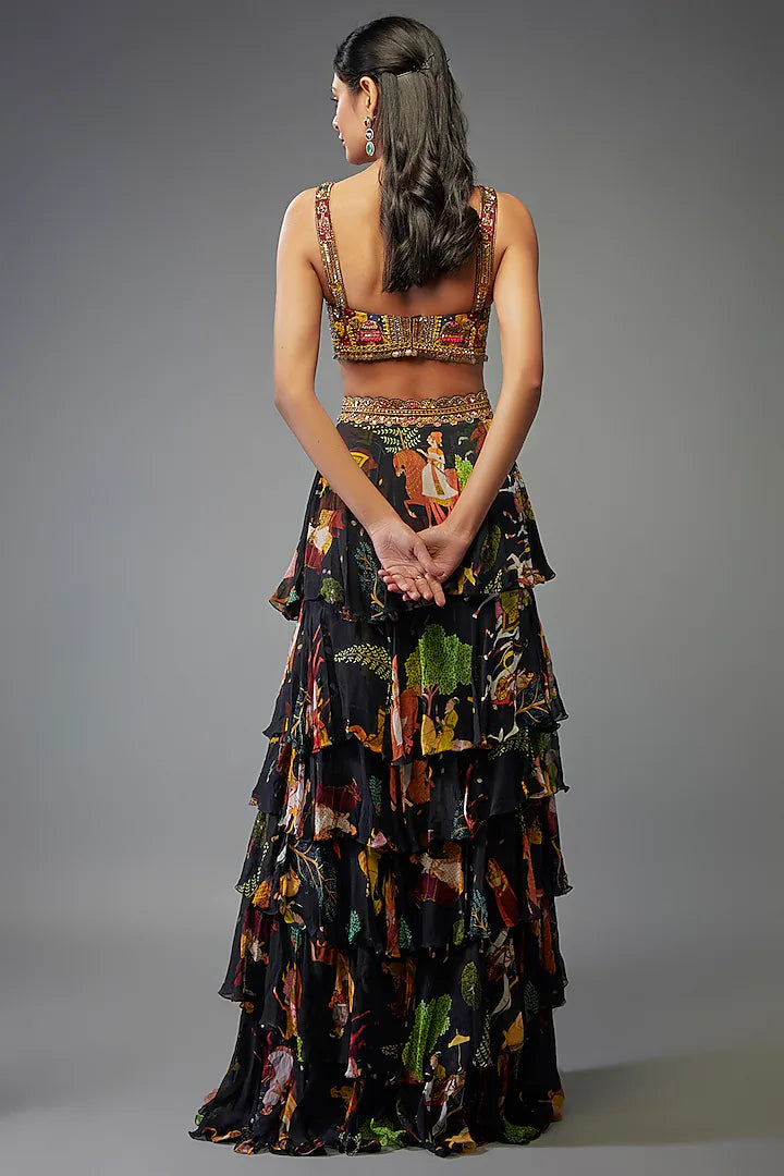 Black Georgette Hand Embroidered Ruffled Lehenga Set