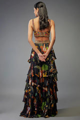 Black Georgette Hand Embroidered Ruffled Lehenga Set