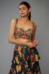 Black Georgette Hand Embroidered Ruffled Lehenga Set