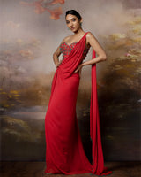 Featuring a corset saree gown with embroidered corset and danglings on the pallu