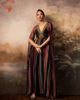 Featuring a chevron embroidered jumpsuit in gorgette
