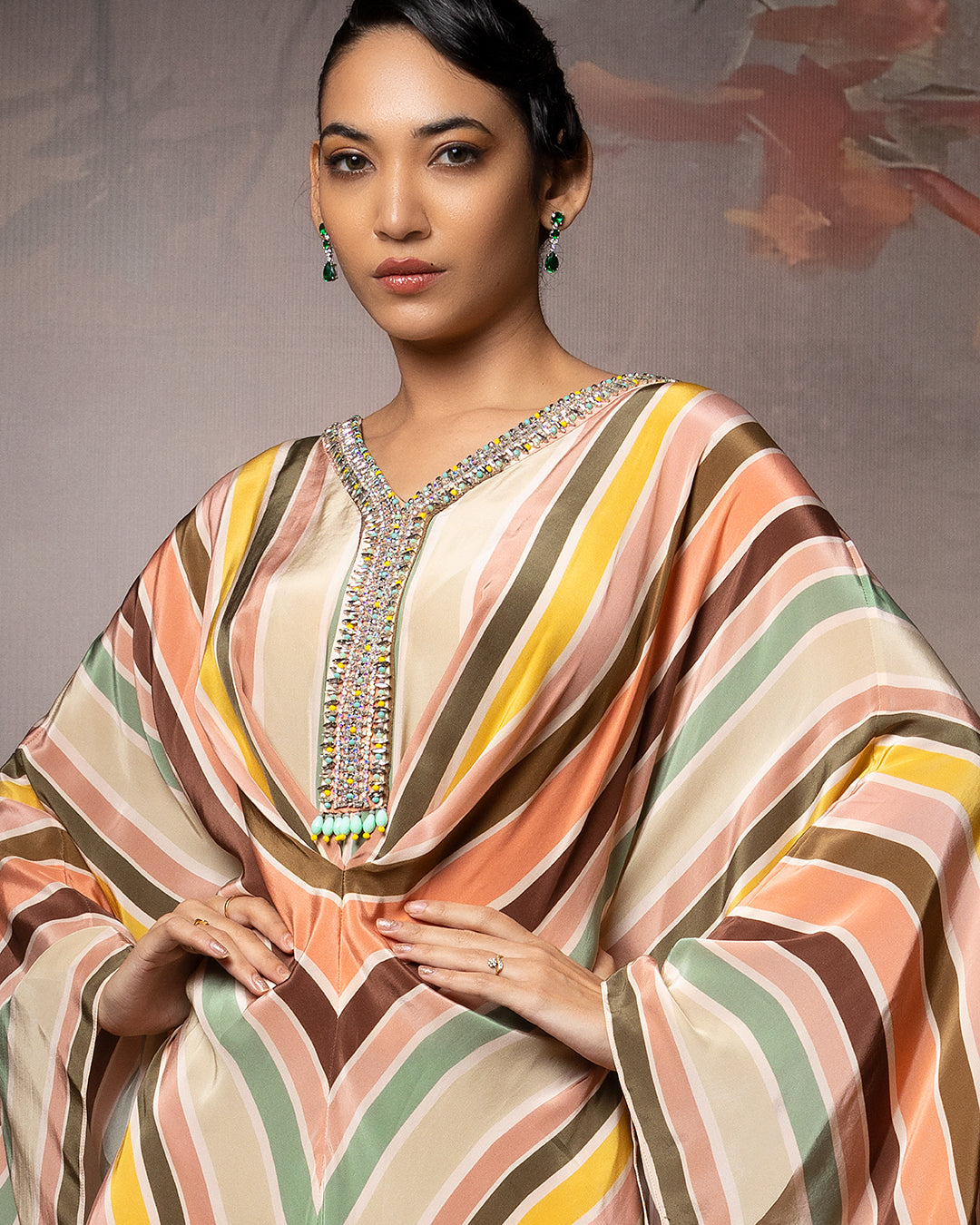 Featuring a embroidered Chevron kaftan in crepe