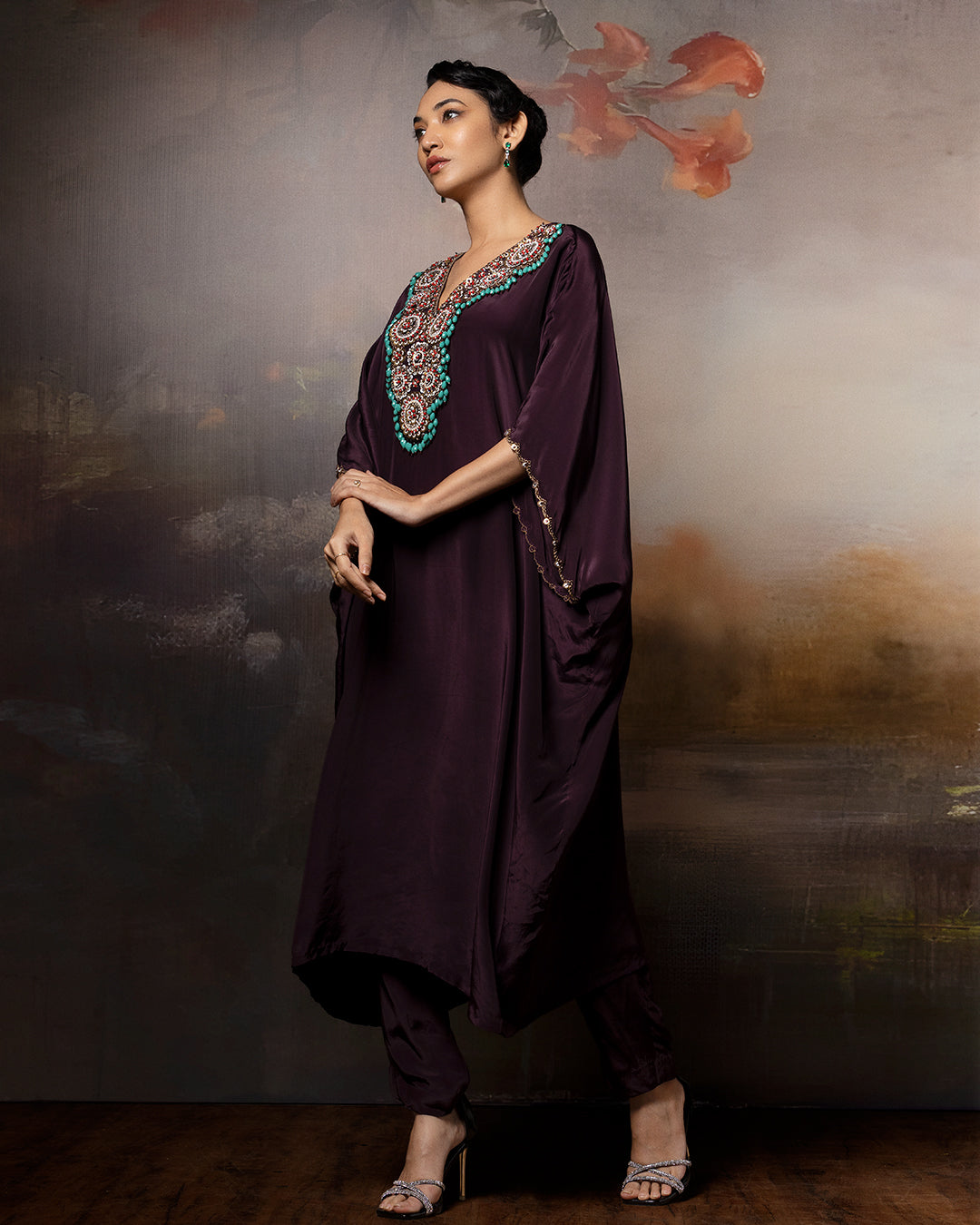 Featuring a brown embroidered kaftan set in crepe