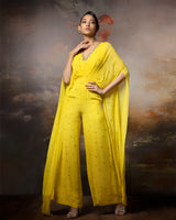 Featuring an embroidered citrine cowl jumpsuit in gorgette