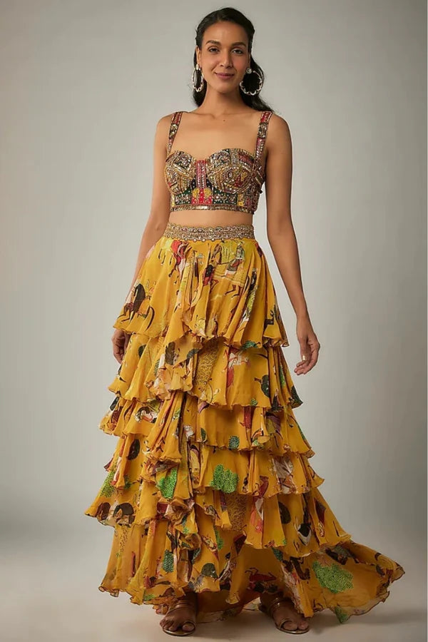 Mango Yellow Georgette Ruffled Lehenga Set