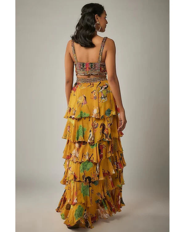 Mango Yellow Georgette Ruffled Lehenga Set