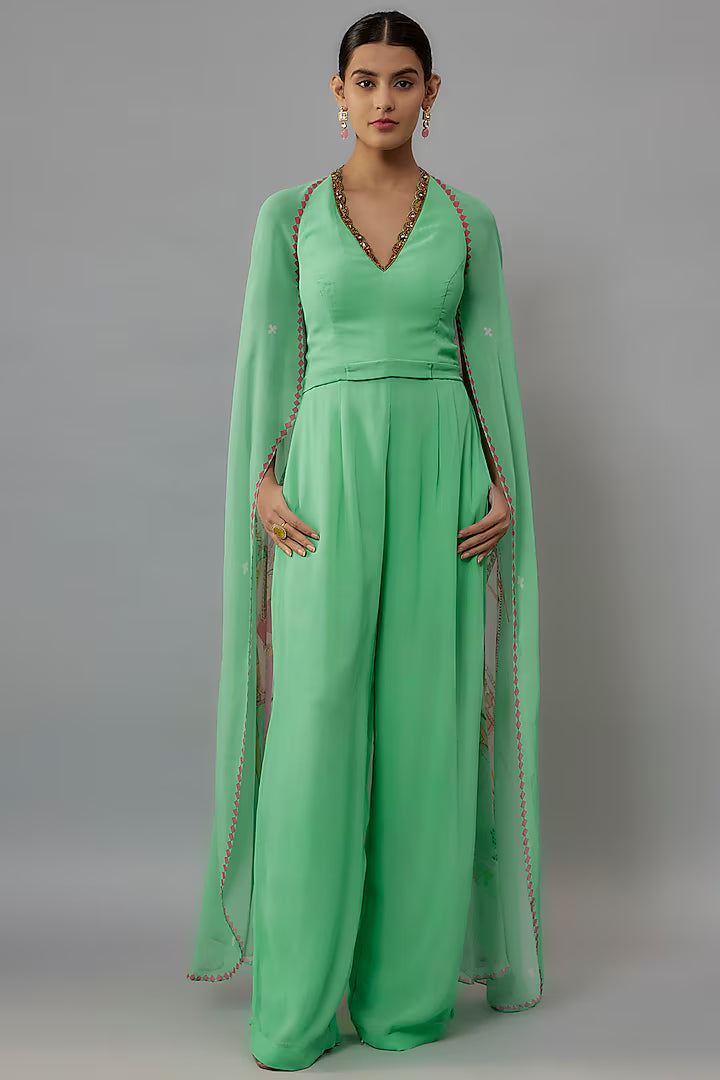 Aqua Georgette Hand Embroidered Jumpsuit