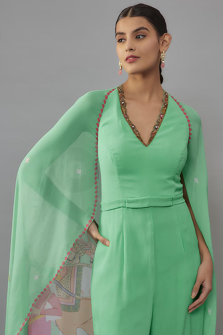 Aqua Georgette Hand Embroidered Jumpsuit