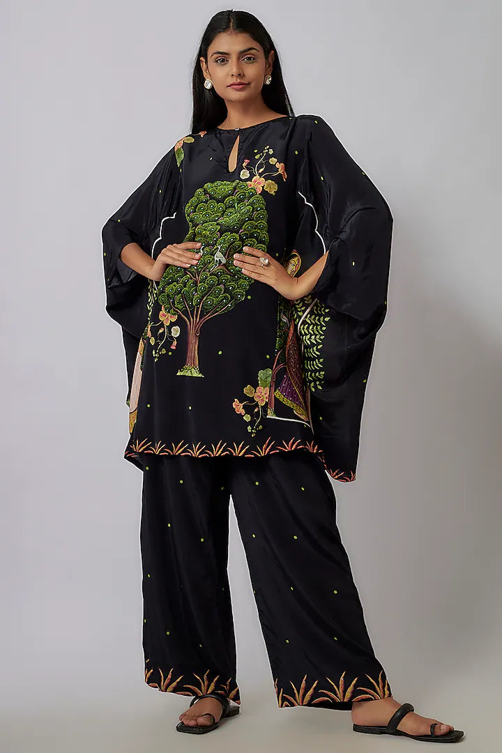 Black Crepe Printed Kaftan Set