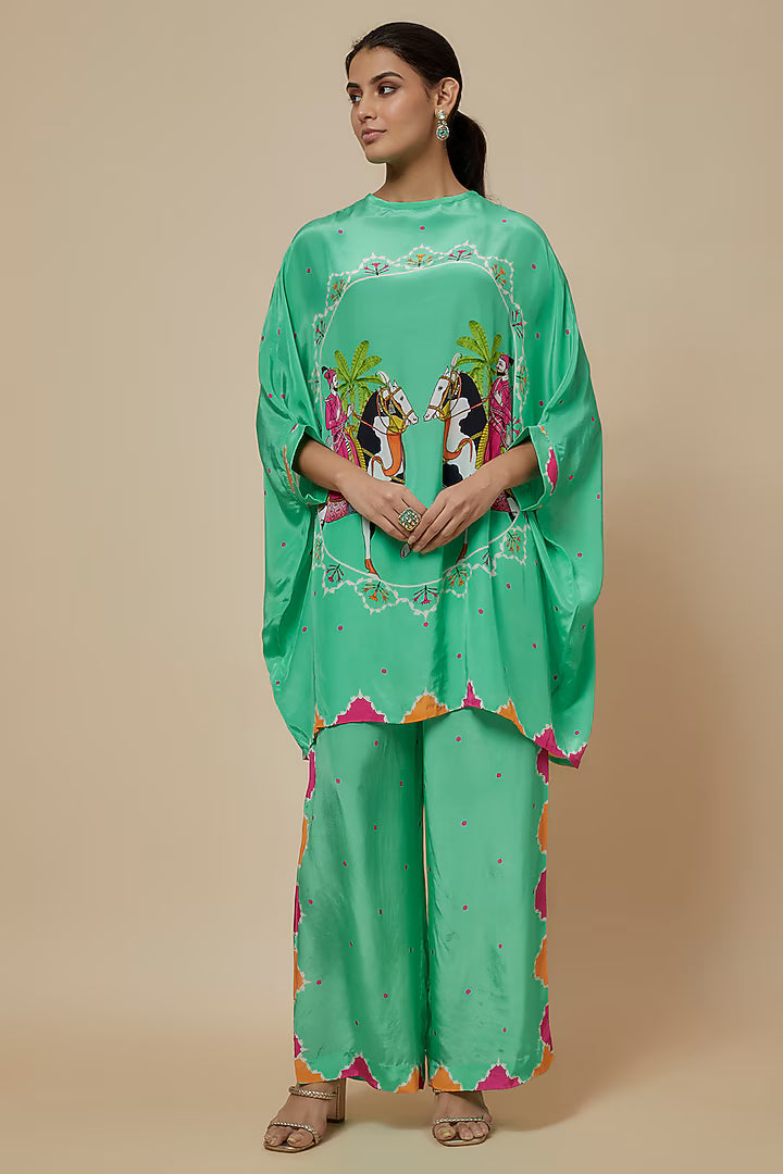 Aqua Crepe Hand Embroidered Kaftan Set