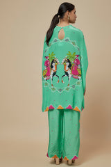 Aqua Crepe Hand Embroidered Kaftan Set