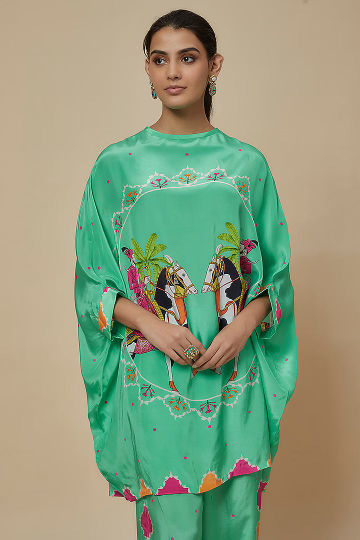 Aqua Crepe Hand Embroidered Kaftan Set