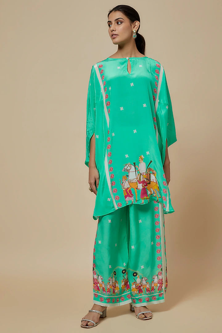 Aqua Crepe Hand Embroidered Kaftan Set