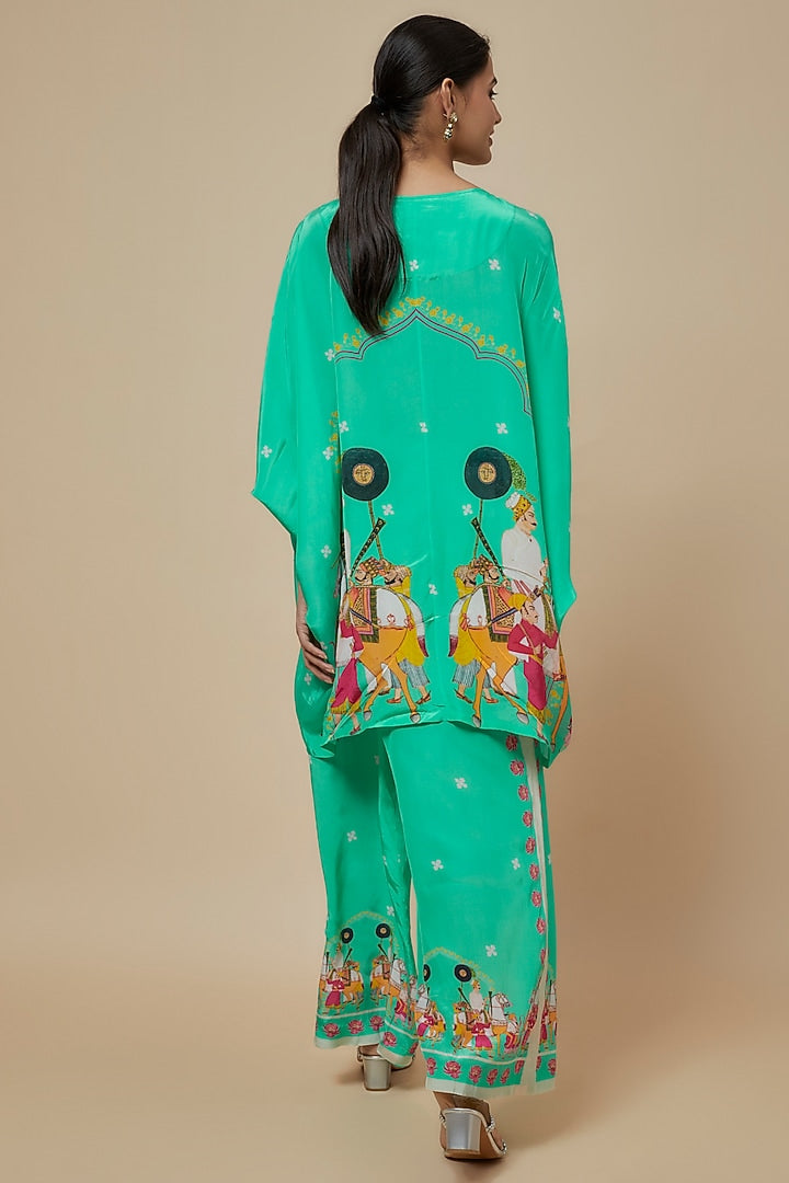 Aqua Crepe Hand Embroidered Kaftan Set