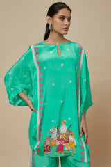 Aqua Crepe Hand Embroidered Kaftan Set