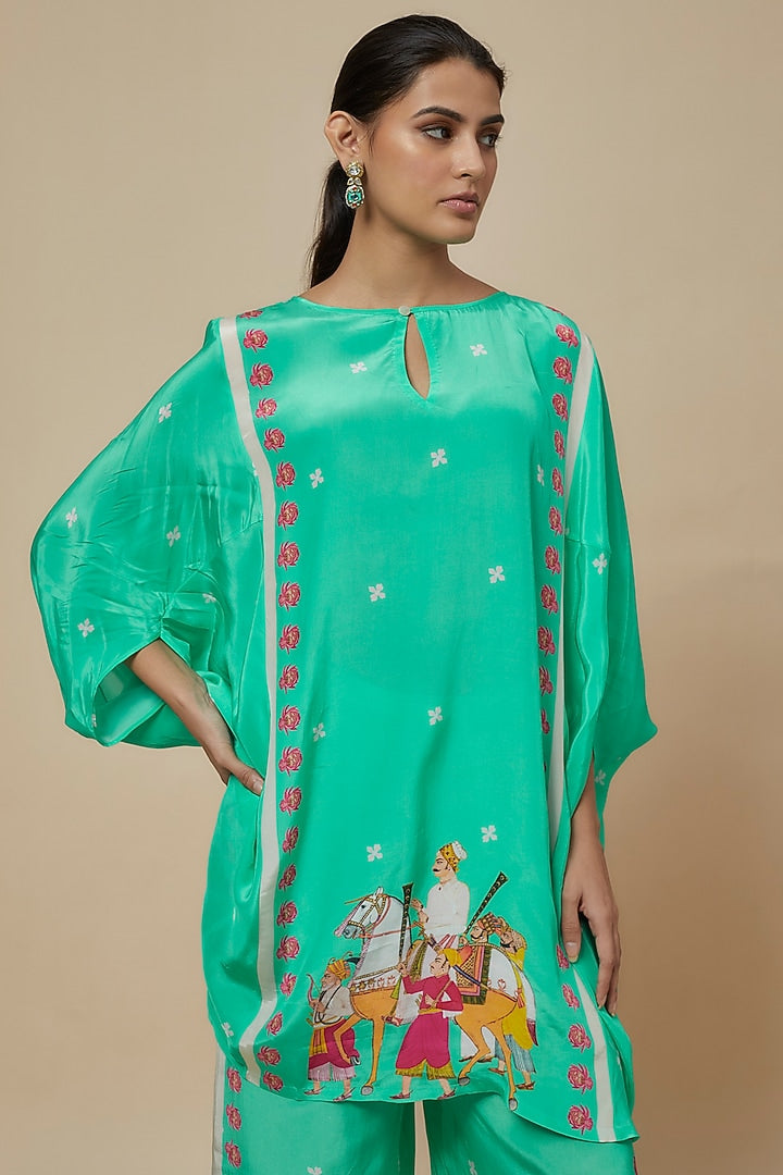 Aqua Crepe Hand Embroidered Kaftan Set