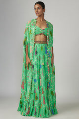 Aqua Georgette Printed & Hand Embroidered Cape Set