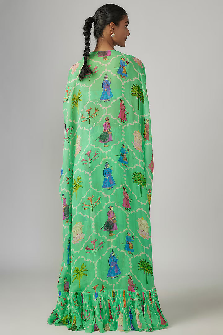 Aqua Georgette Printed & Hand Embroidered Cape Set