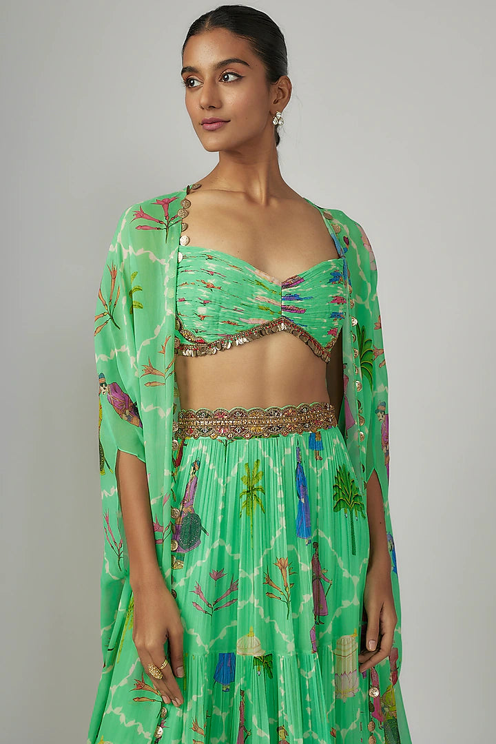 Aqua Georgette Printed & Hand Embroidered Cape Set